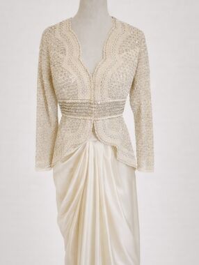 Ivory Couture Ensemble – Embroidered Jacket & Silk Skirt (Small)